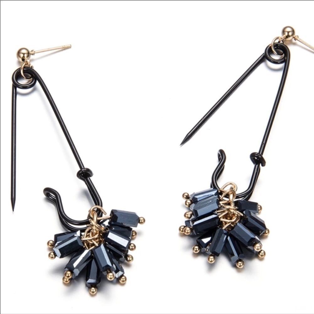 Black Safety Pin Floral Seed Bead Dangle Earrings -NEW